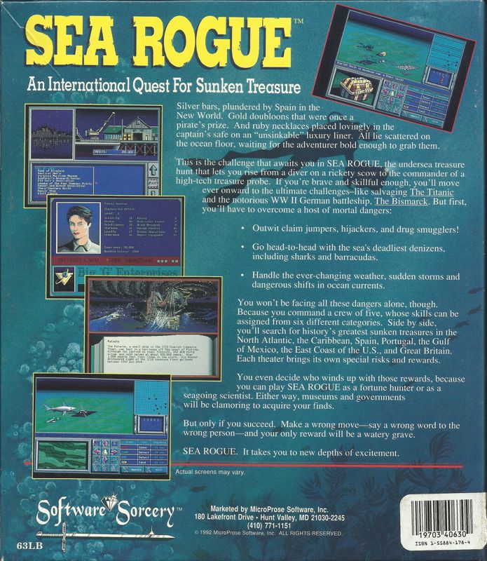 Back Cover for Sea Rogue (DOS) (5.25" disk release)