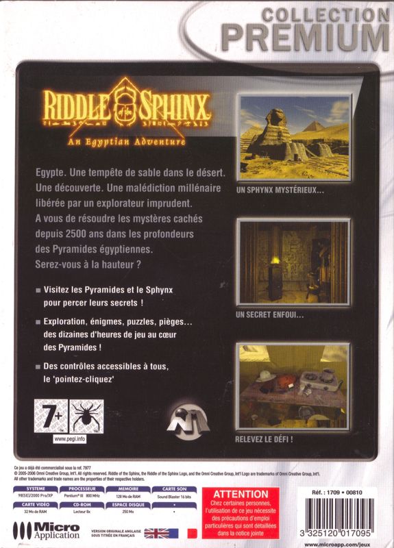 Back Cover for Riddle of the Sphinx: An Egyptian Adventure (Windows) (Collection Premium release (Micro Application 2008))