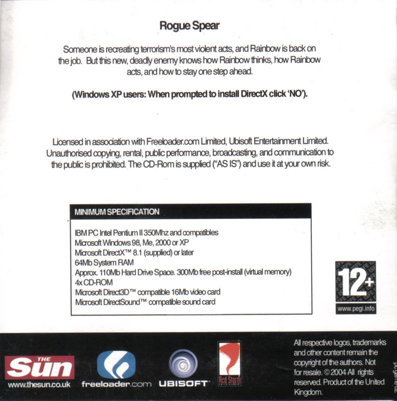 Back Cover for Tom Clancy's Rainbow Six: Rogue Spear (Windows) (Free with The Sun newspaper)