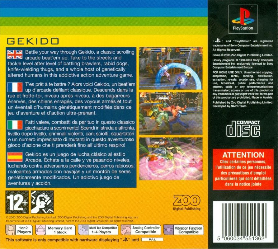 Back Cover for Gekido (PlayStation) (Zoo Classics release)
