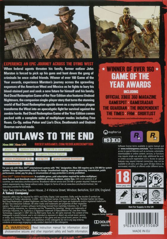 Back Cover for Red Dead Redemption: Game of the Year Edition (Xbox 360)