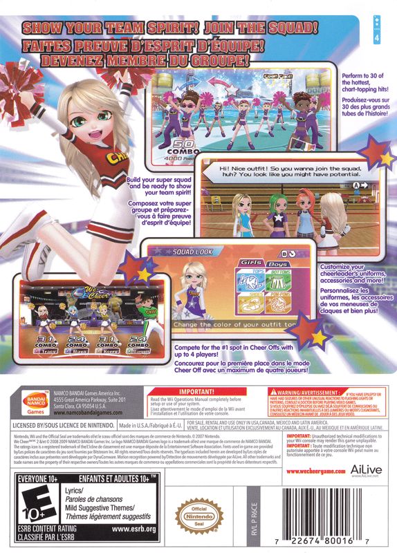 Back Cover for We Cheer 2 (Wii)