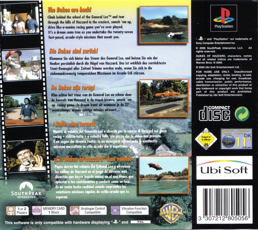 Back Cover for The Dukes of Hazzard: Racing for Home (PlayStation)