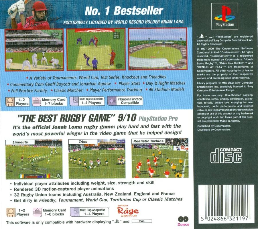 2 Games: Jonah Lomu Rugby / Brian Lara Cricket cover or packaging ...