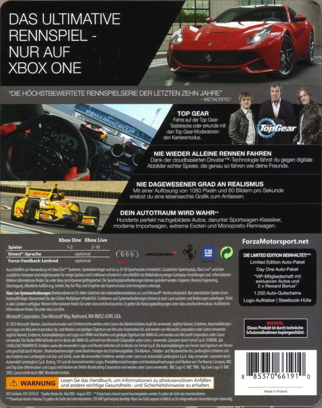Back Cover for Forza Motorsport 5 (Limited Edition) (Xbox One)