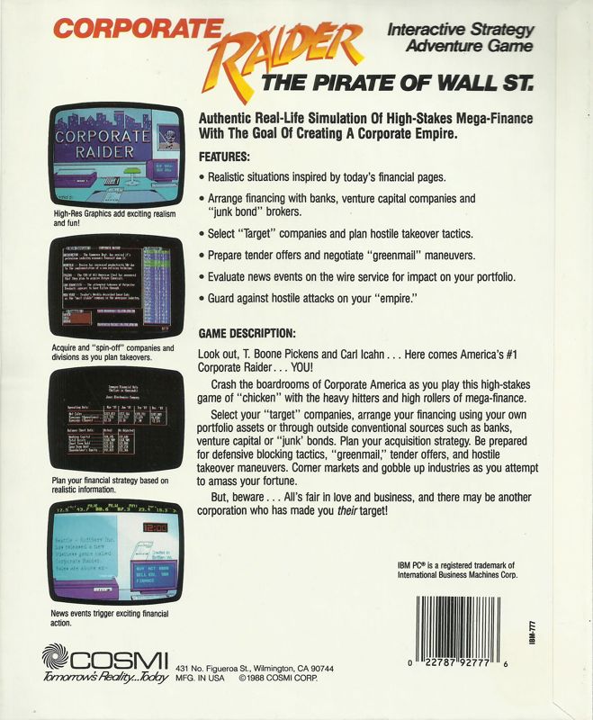 Back Cover for Corporate Raider: The Pirate of Wall St. (DOS) (5.25" release (alternate label))