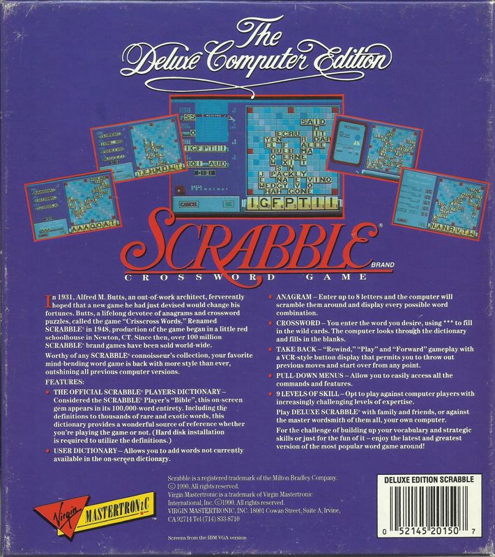Back Cover for Scrabble: The Deluxe Computer Edition (DOS) (5.25" release (version 1.0))