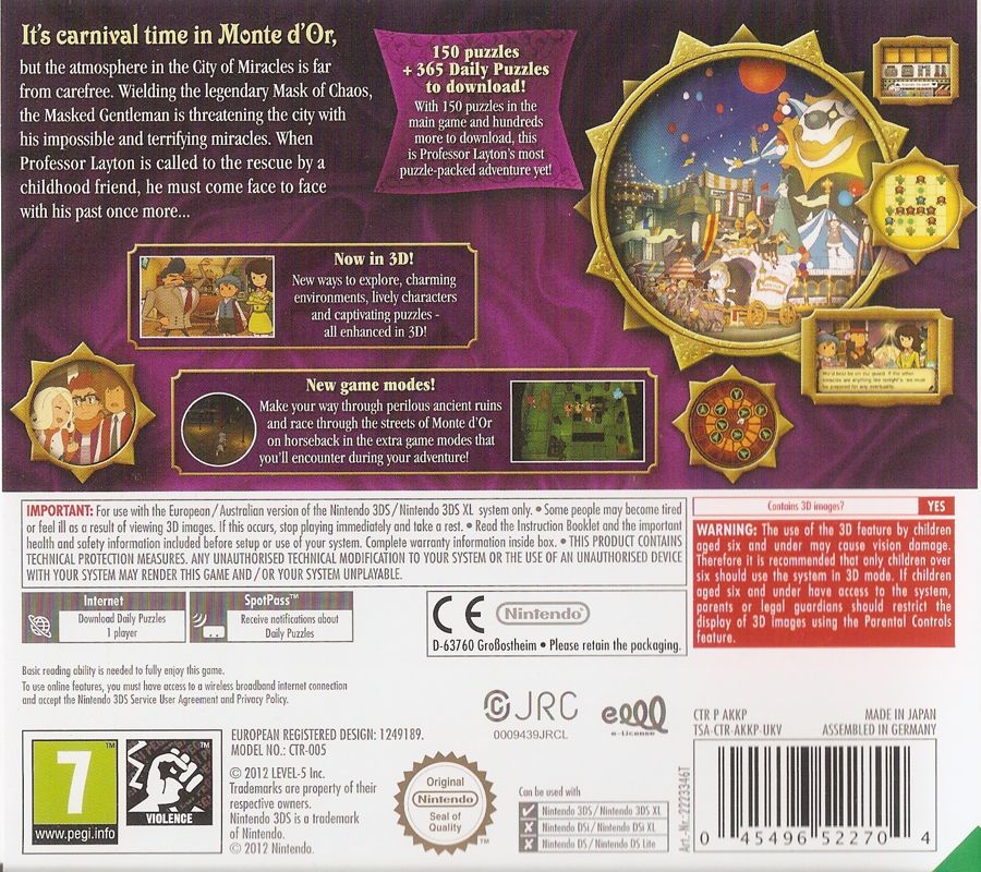 Back Cover for Professor Layton and the Miracle Mask (Nintendo 3DS)