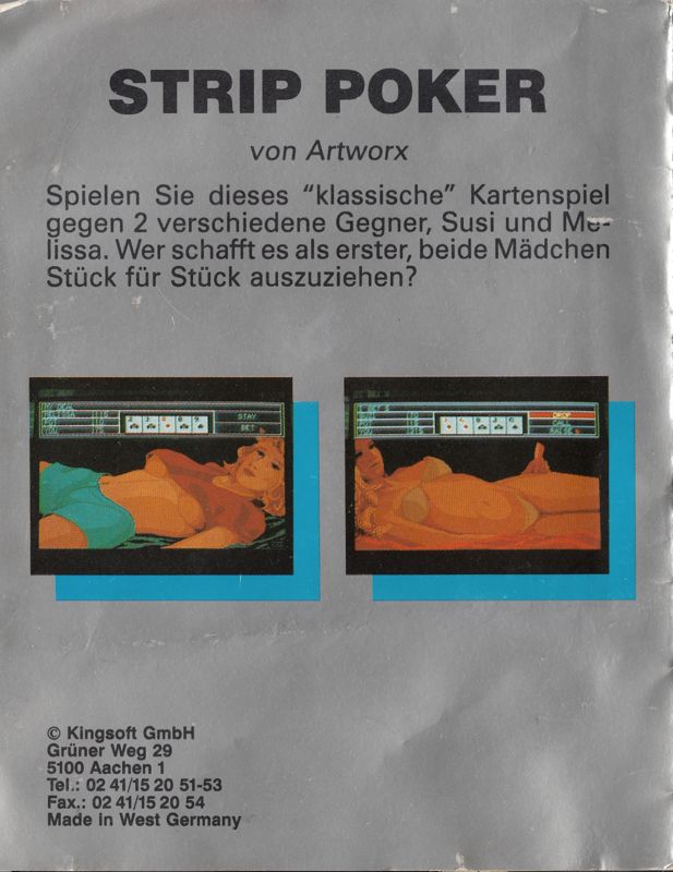 Back Cover for Strip Poker: A Sizzling Game of Chance (Atari ST)