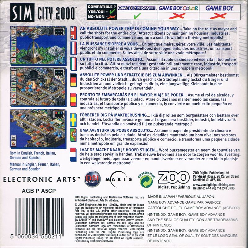 Back Cover for SimCity 2000 (Game Boy Advance)