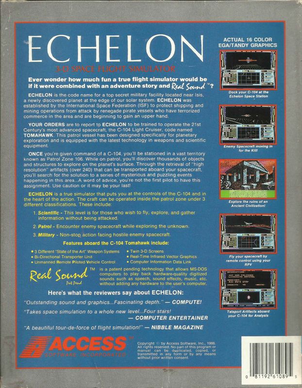 Back Cover for Echelon (DOS) (5.25" release (1989))