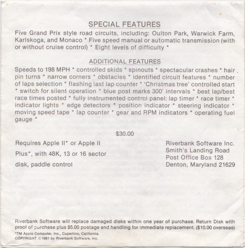 Back Cover for International Gran Prix (Apple II)