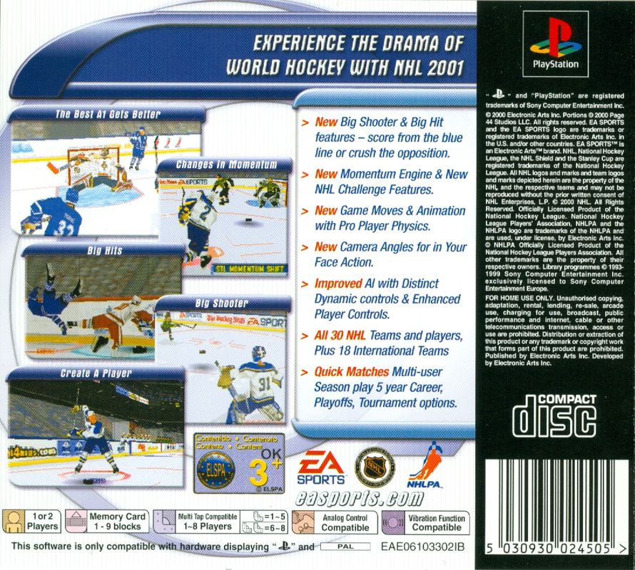 Back Cover for NHL 2001 (PlayStation)