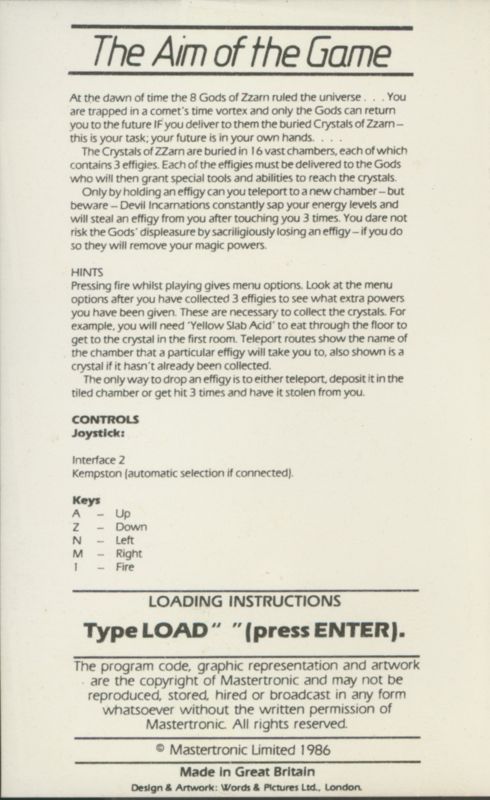 Inside Cover for Lap of the Gods (ZX Spectrum)