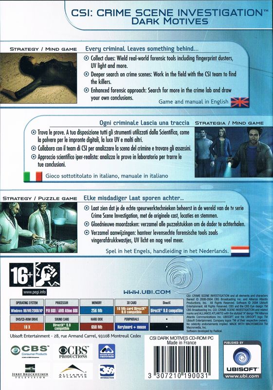 Back Cover for CSI: Crime Scene Investigation - Dark Motives (Windows) (Ubisoft eXclusive release)