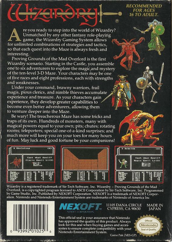 Back Cover for Wizardry: Proving Grounds of the Mad Overlord (NES)