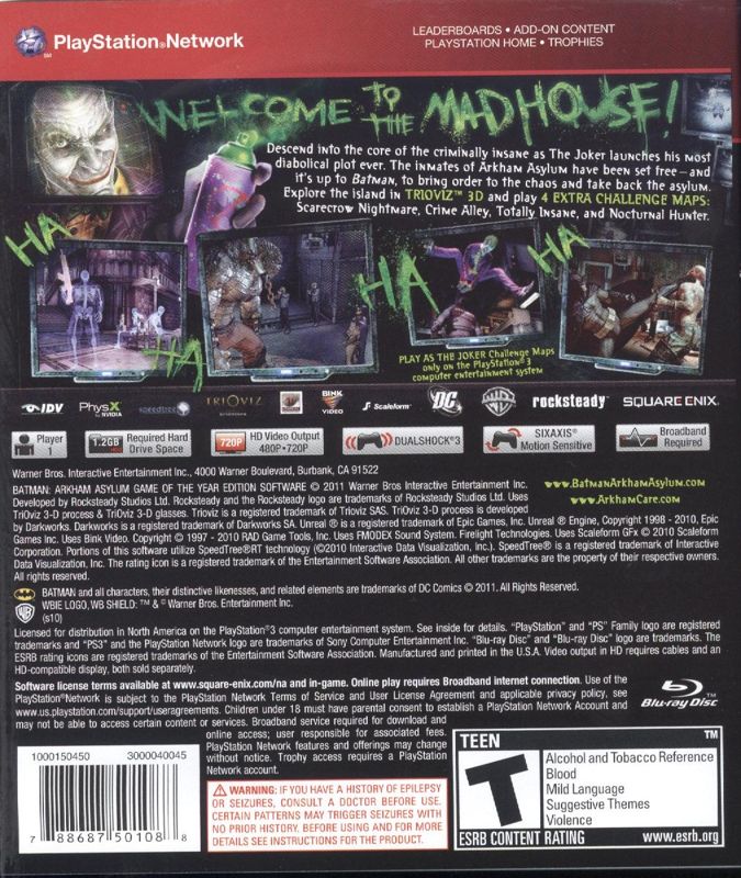 Back Cover for Batman: Arkham Asylum - Game of the Year Edition (PlayStation 3) (Greatest Hits release)