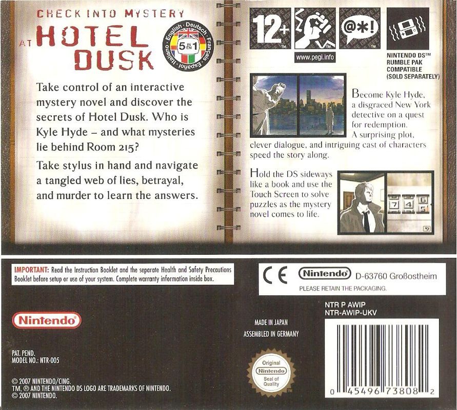 Back Cover for Hotel Dusk: Room 215 (Nintendo DS)