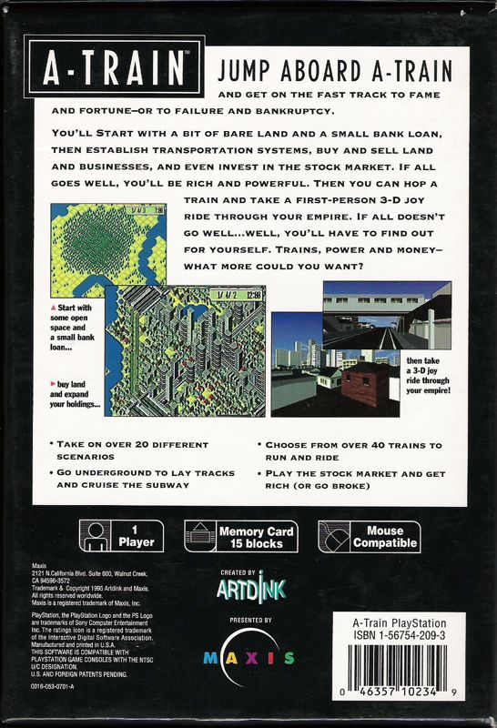 Back Cover for A-Train (PlayStation) (With Sim City card game sticker)