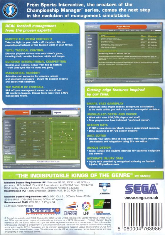 Back Cover for Worldwide Soccer Manager 2005 (Macintosh and Windows)