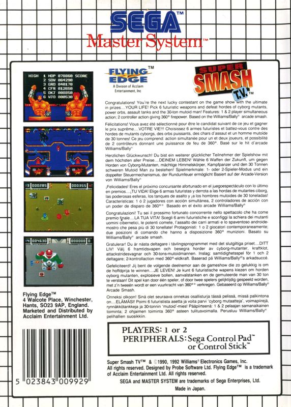 Back Cover for Smash T.V. (SEGA Master System)