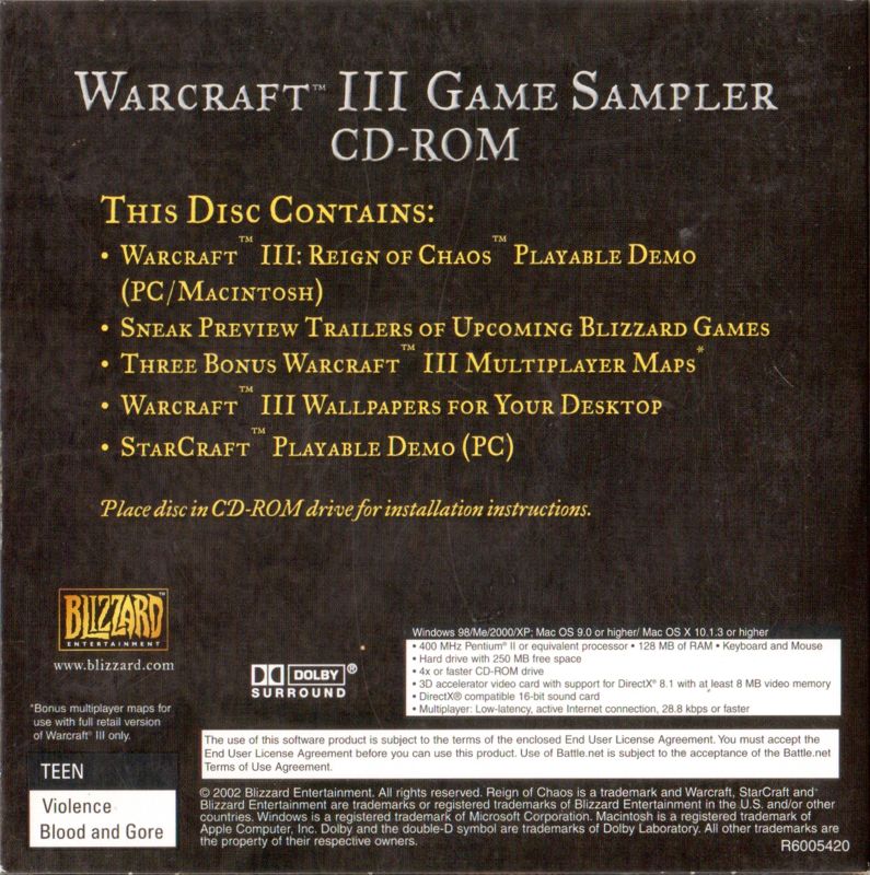 Back Cover for WarCraft III: Reign of Chaos (Demo Version) (Macintosh and Windows)