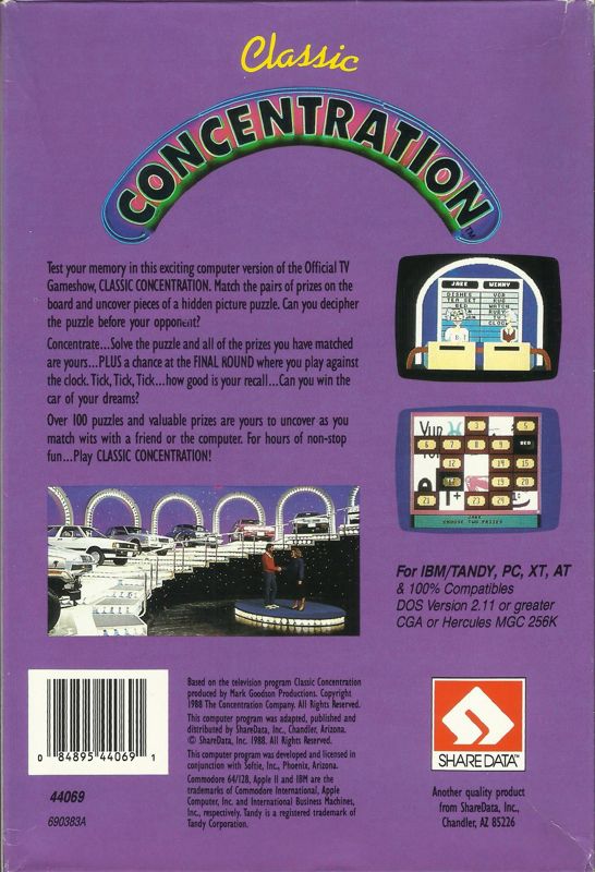 Back Cover for Classic Concentration (DOS) (5.25" release)