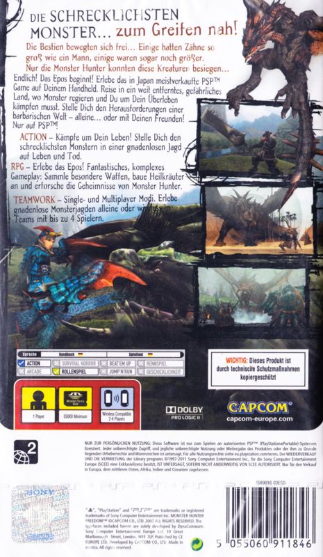 Back Cover for Monster Hunter: Freedom (PSP) (PSP Essentials release)