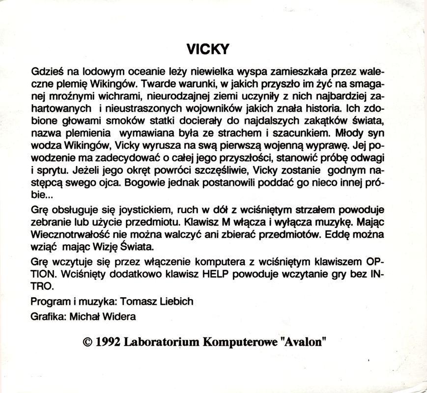 Inside Cover for Vicky (Atari 8-bit) (5.25" disk release): Left Flap