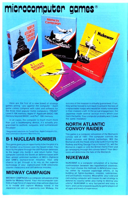 Advertisement for North Atlantic Convoy Raider (Apple II and Commodore PET/CBM and TRS-80): Catalog - Back