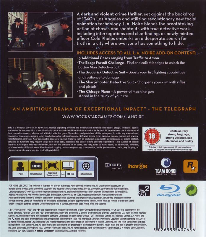 Back Cover for L.A. Noire: The Complete Edition (PlayStation 3)