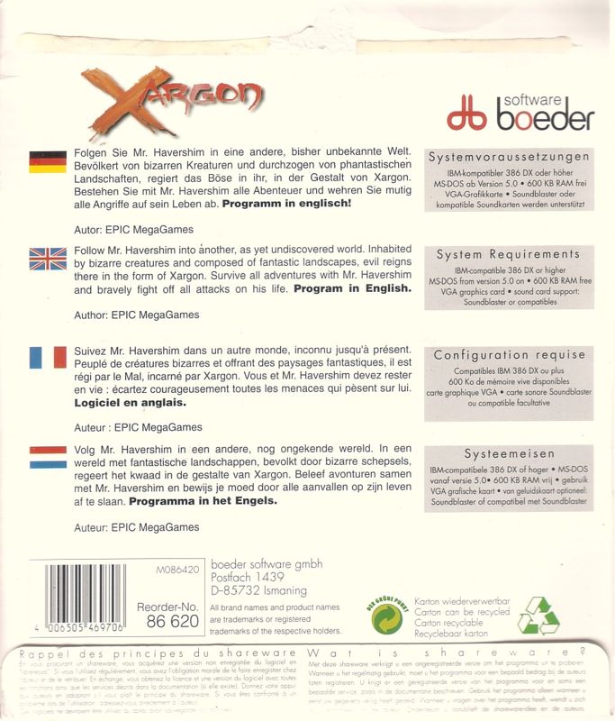 Back Cover for Xargon: The Mystery of the Blue Builders - Beyond Reality (DOS) (BitStar Boeder shareware release)