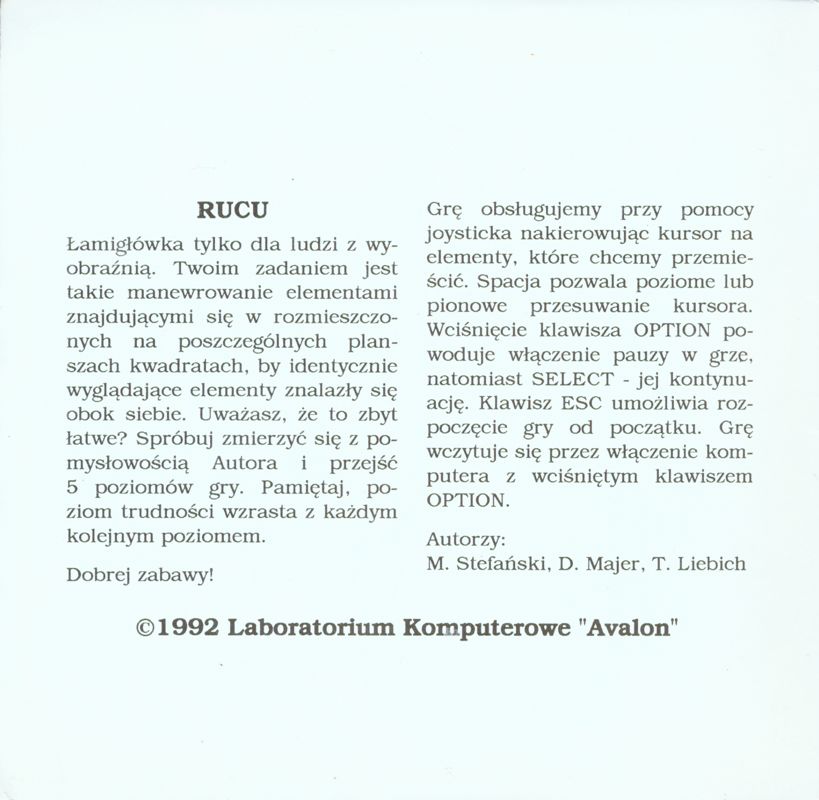 Inside Cover for Rucu (Atari 8-bit) (5.25" disk release): Left Flap