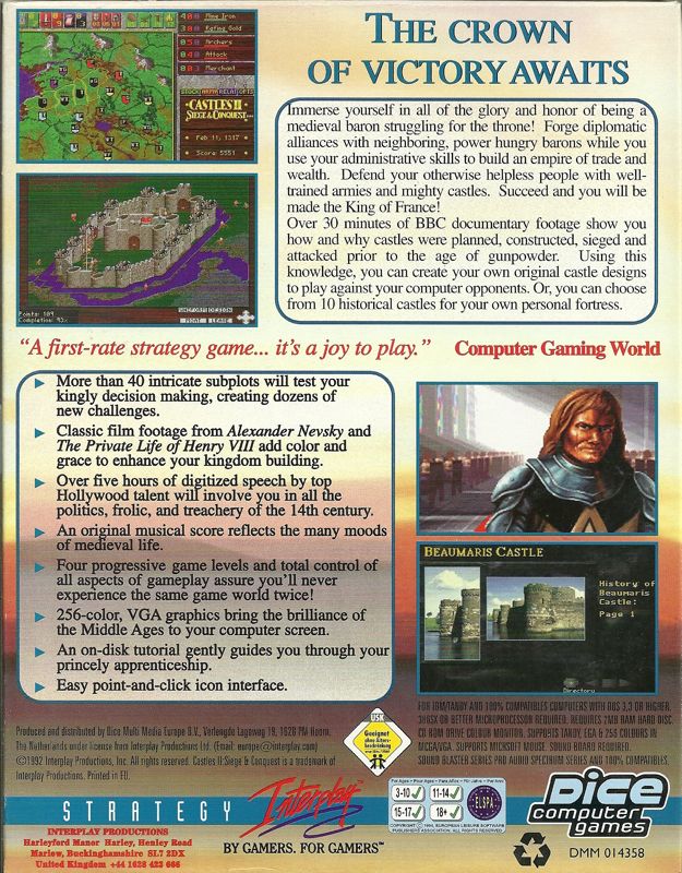 Back Cover for Castles II: Siege & Conquest (DOS) (Dice Multi Media CD-ROM release (Front of the box, media scan is the same as the German/French release))