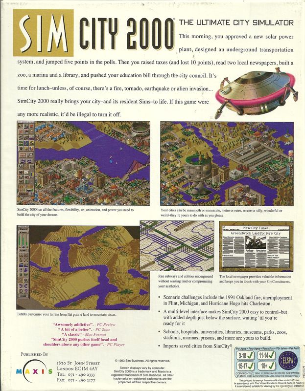 Back Cover for SimCity 2000 (Windows 3.x)