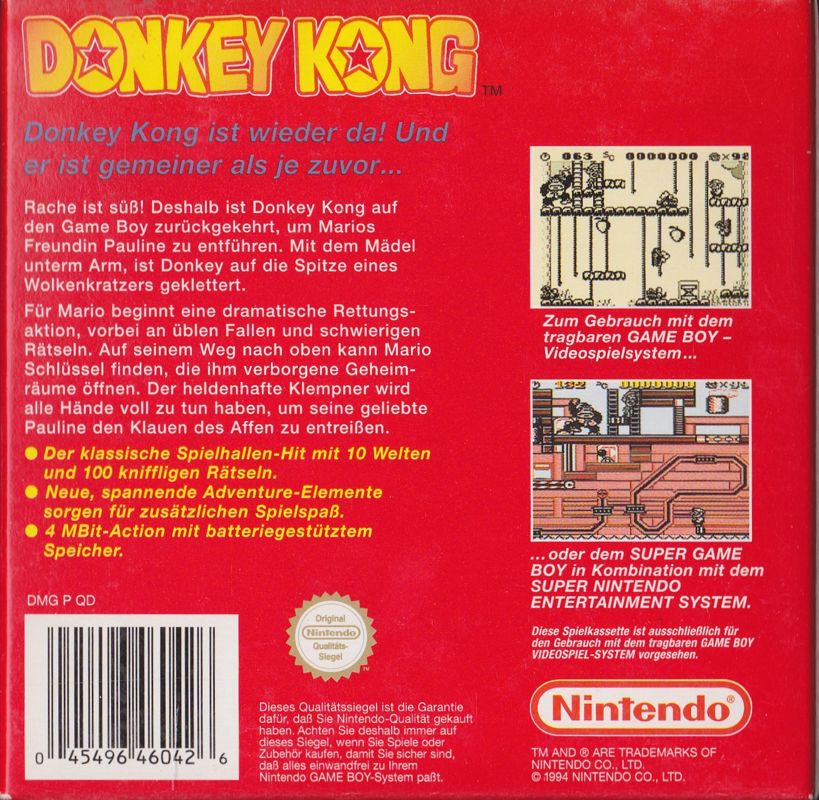 Back Cover for Donkey Kong (Game Boy) (Gameboy Classics Serie release)