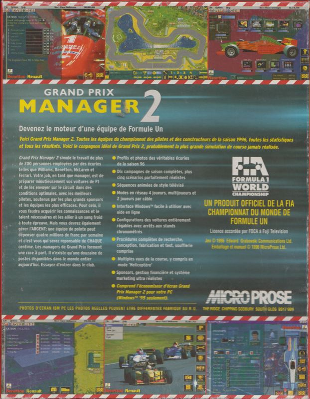 Back Cover for Grand Prix Manager 2 (Windows and Windows 3.x)