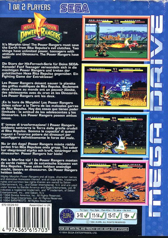 Back Cover for Mighty Morphin Power Rangers (Genesis)