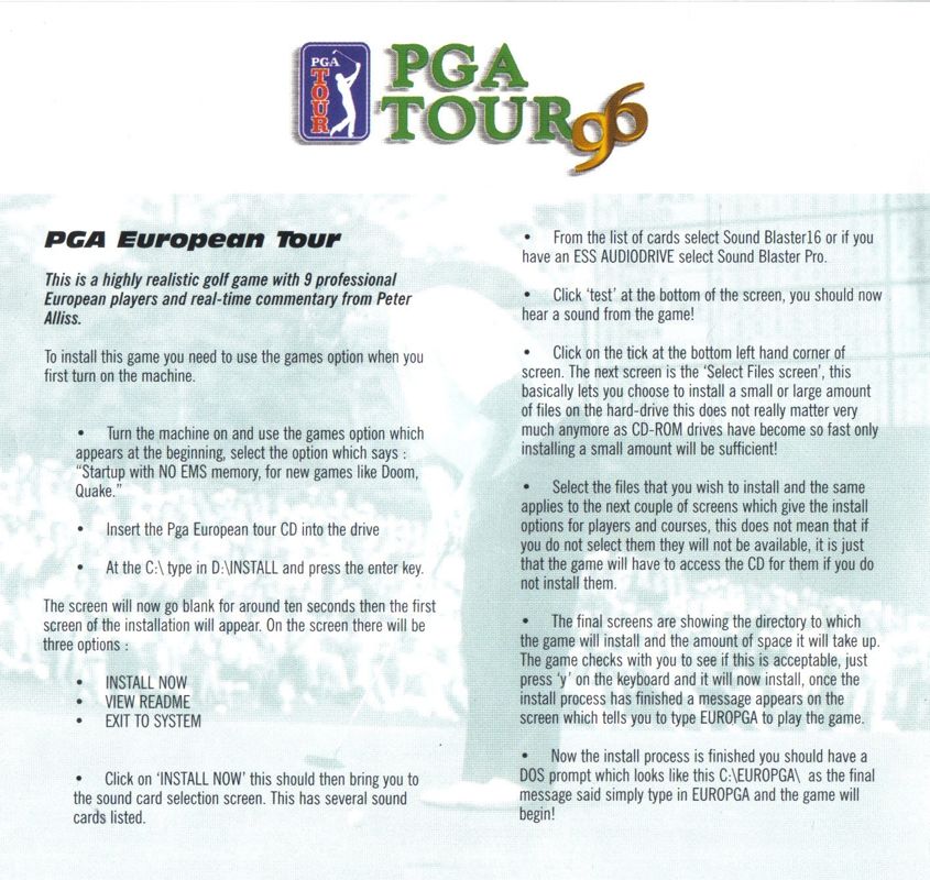 Other for PGA Tour 96 (DOS): Jewel Case - Inlay