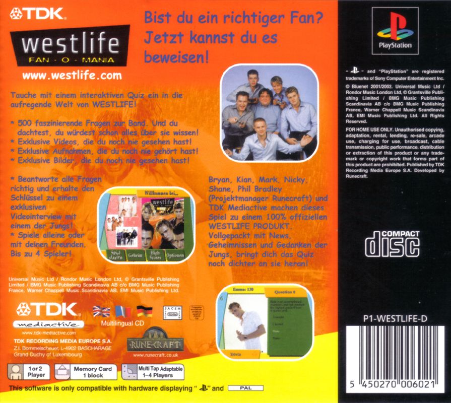 Back Cover for Westlife Fan-O-Mania (PlayStation)