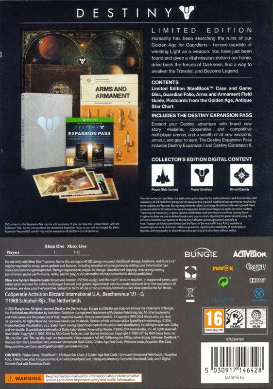Back Cover for Destiny (Limited Edition) (Xbox One)