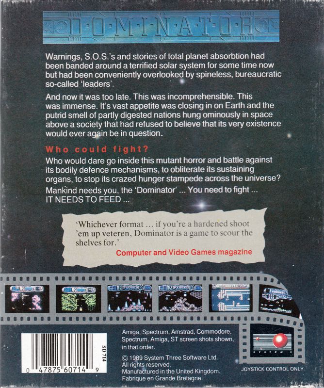 Back Cover for Dominator (Atari ST)