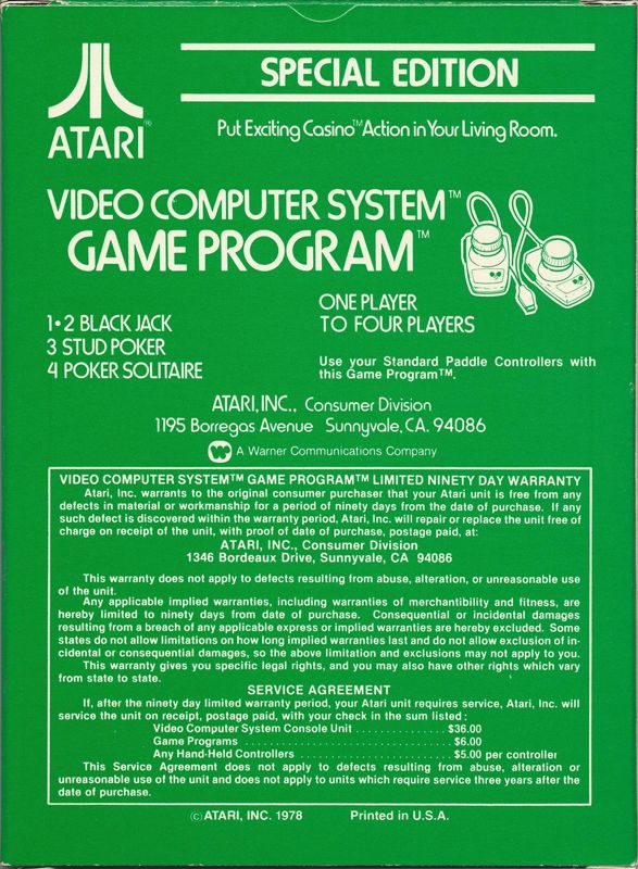 Back Cover for Casino (Atari 2600)