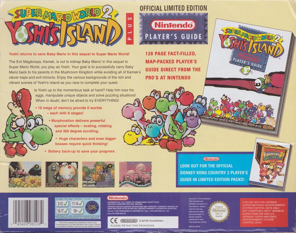 Back Cover for Super Mario World 2: Yoshi's Island (SNES) (Big Box edition with Player's Guide)