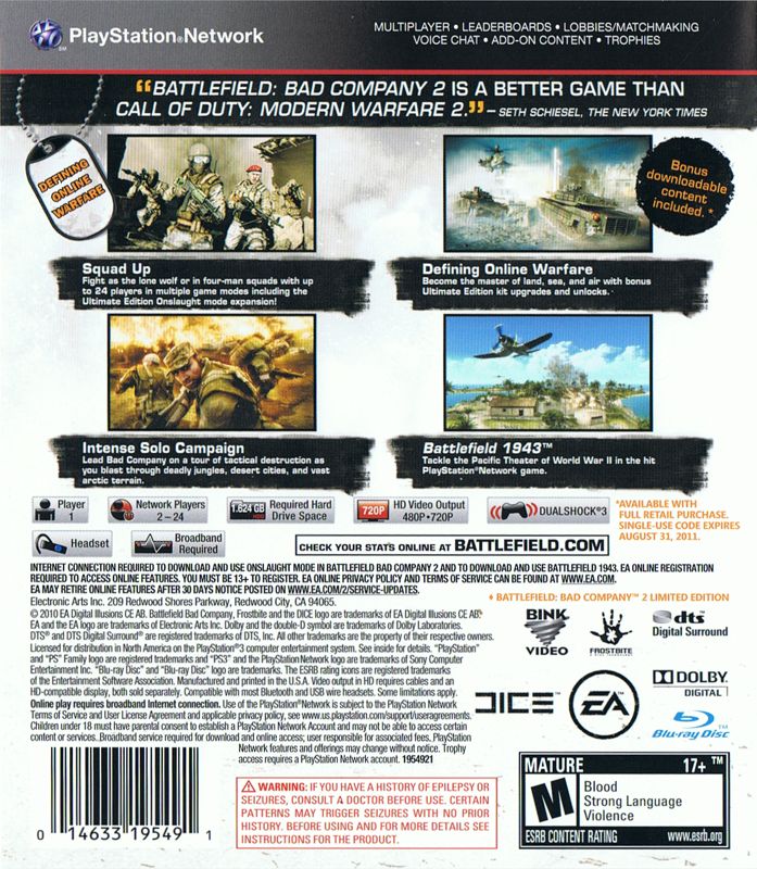 Back Cover for Battlefield: Bad Company 2 - Ultimate Edition (PlayStation 3)