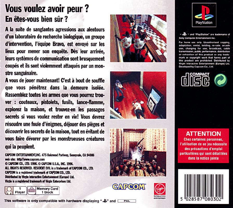 Back Cover for Resident Evil (PlayStation)