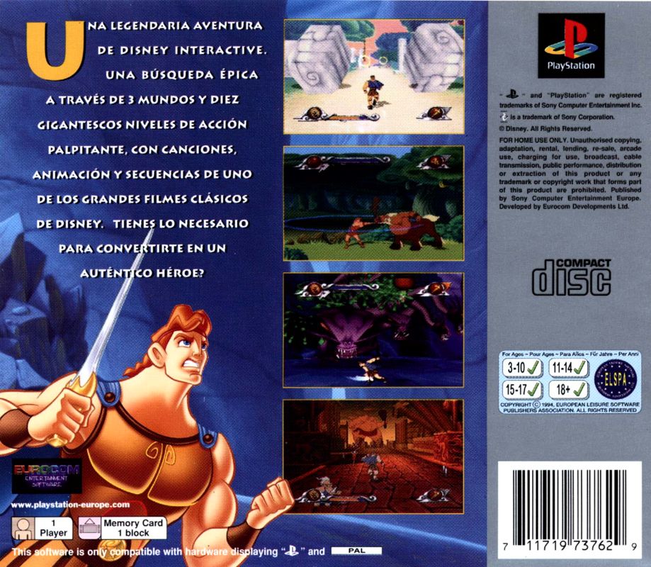 Back Cover for Disney's Hercules (PlayStation) (Platinum release)