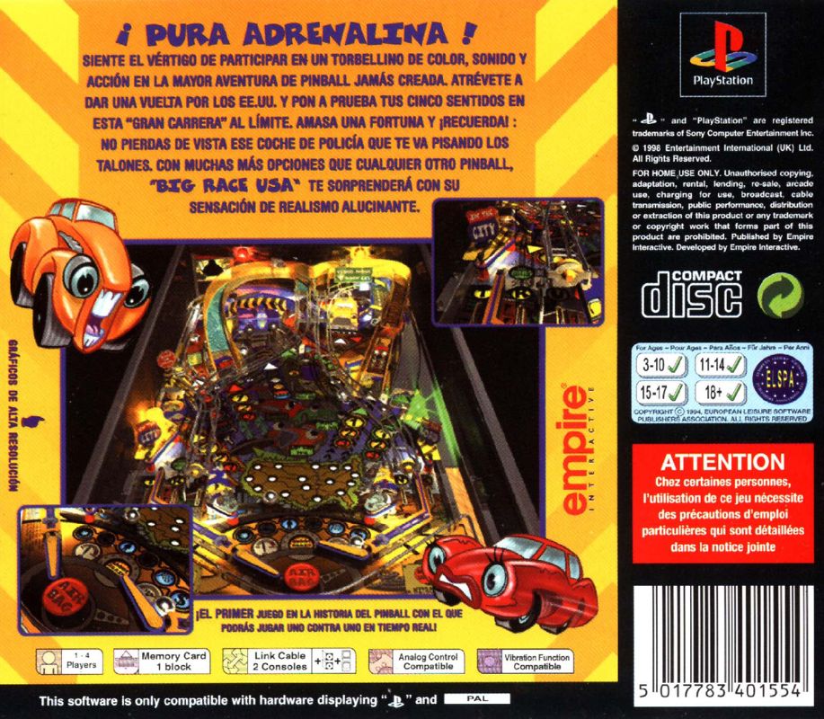 Back Cover for Pro Pinball: Big Race USA (PlayStation)