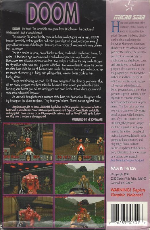 Back Cover for Doom (DOS) (Shareware Edition)
