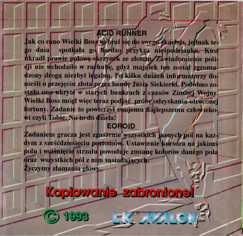Back Cover for Eoroid / Acid Runner (Commodore 64)